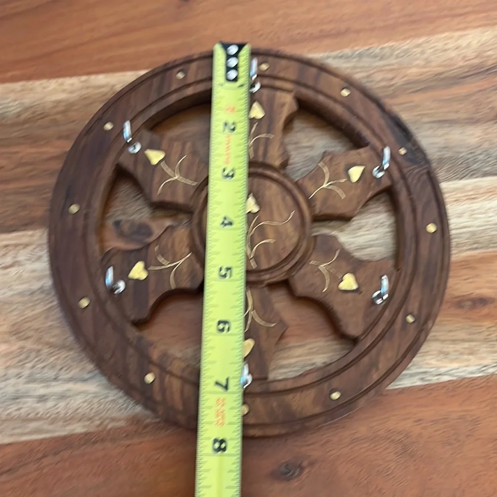 Vintage Boho Inlaid Brass and Wood Wall Key Hanger / Jewelry Hanger.